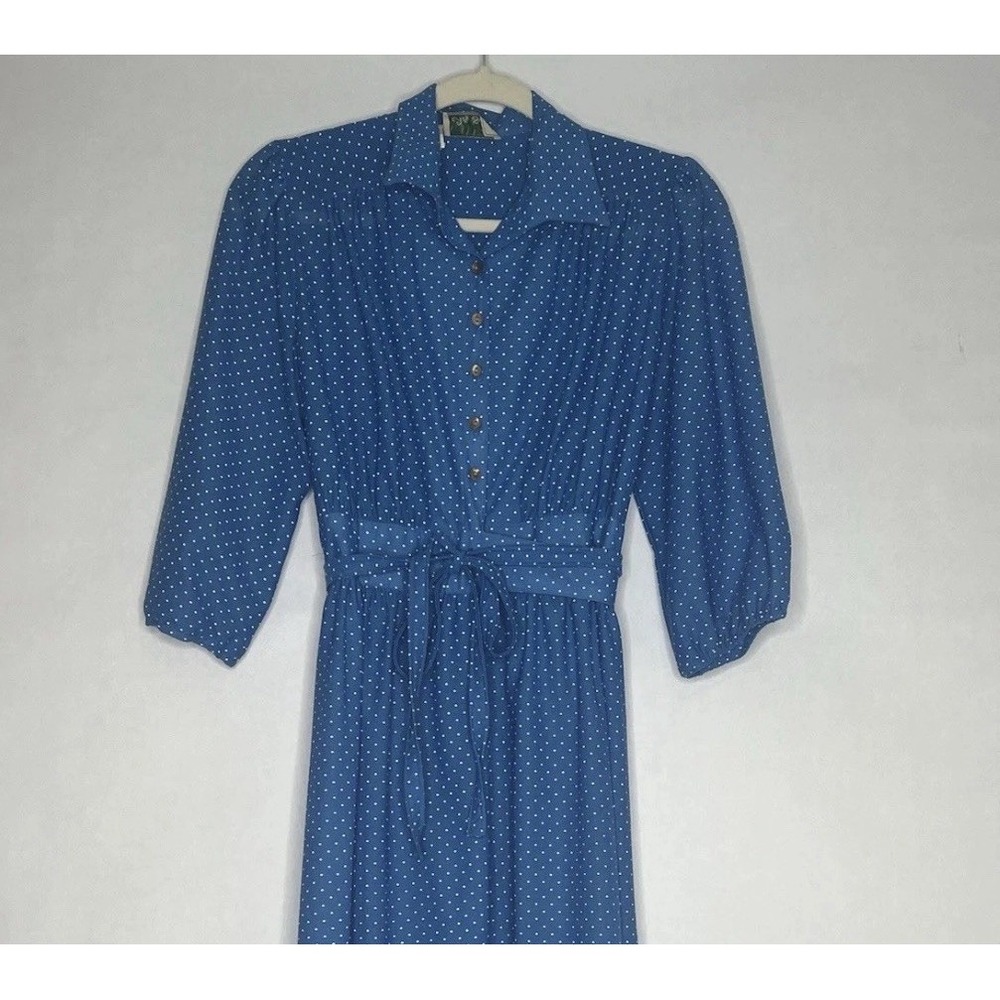 Ms Sugar 1960s Blue Polka Dot Shirt Dress Vtg Midi Dress w/ Waist Bow Hollywood